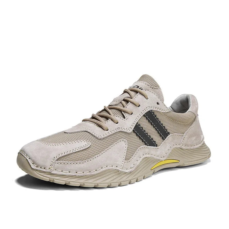 Men's low-top grey pigskin platform hiking boots with lace-up front and rubber sole.