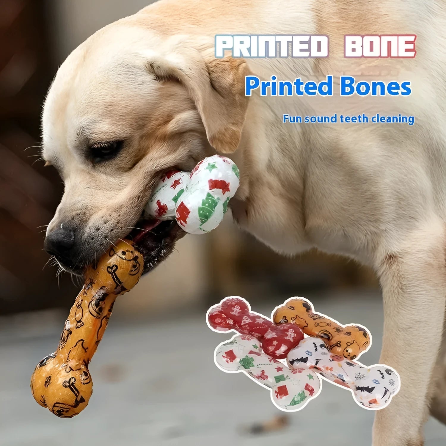Printed bone-shaped TPR nibbling sound toy for dogs in multiple colour options