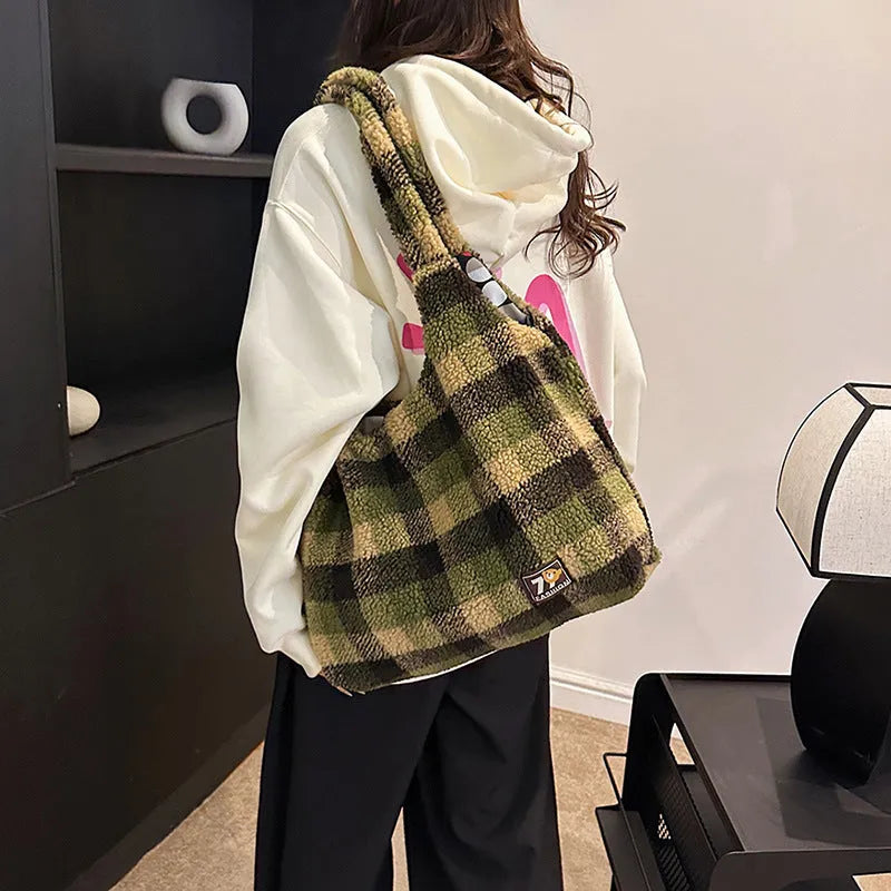 Women's plaid plush crossbody tote bag in Army Green showing horizontal square shape and shoulder strap