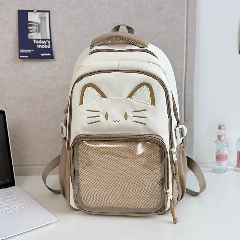 Korean cartoon design backpack with badge pendant in multiple colour options showing large capacity and curved shoulder straps