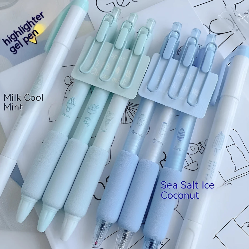 Four double headed fluorescent pens with 0.5mm tips for calligraphy practice.