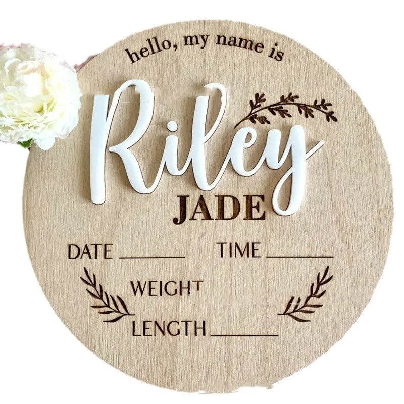 Square wooden baby name label with birth details in one of three style choices.