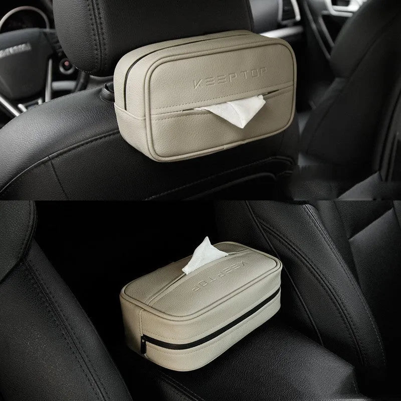 Black and beige PU leather car hanging storage box for organisation.