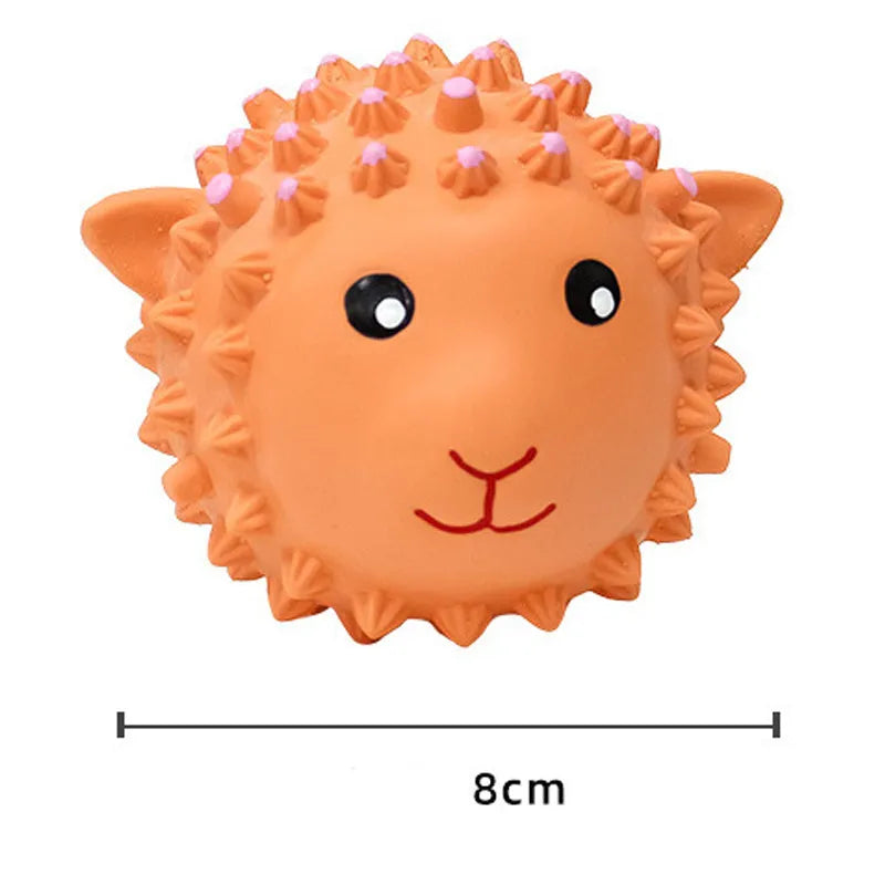Orange and yellow spiky squeaky latex dog toy for small medium breeds.