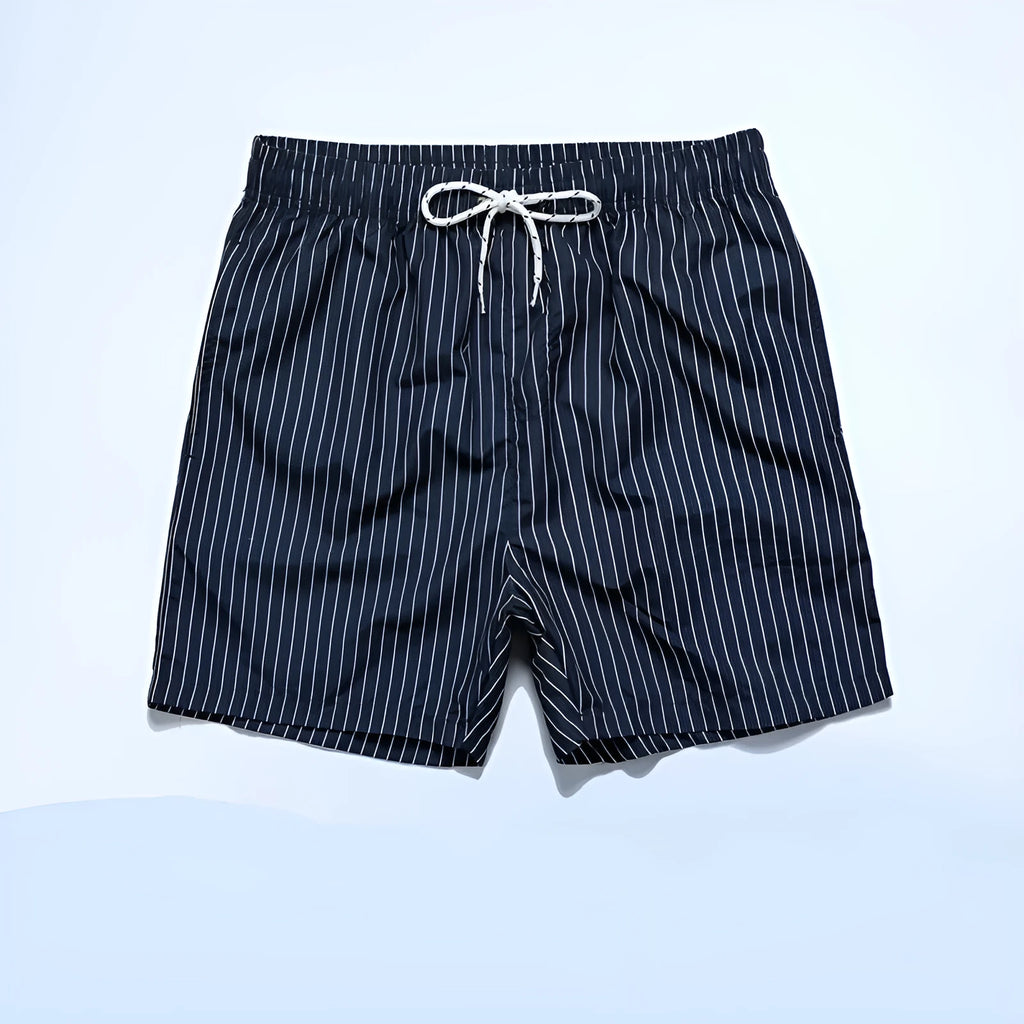 Polyester fibre striped beach shorts with straight leg opening in navy blue colour