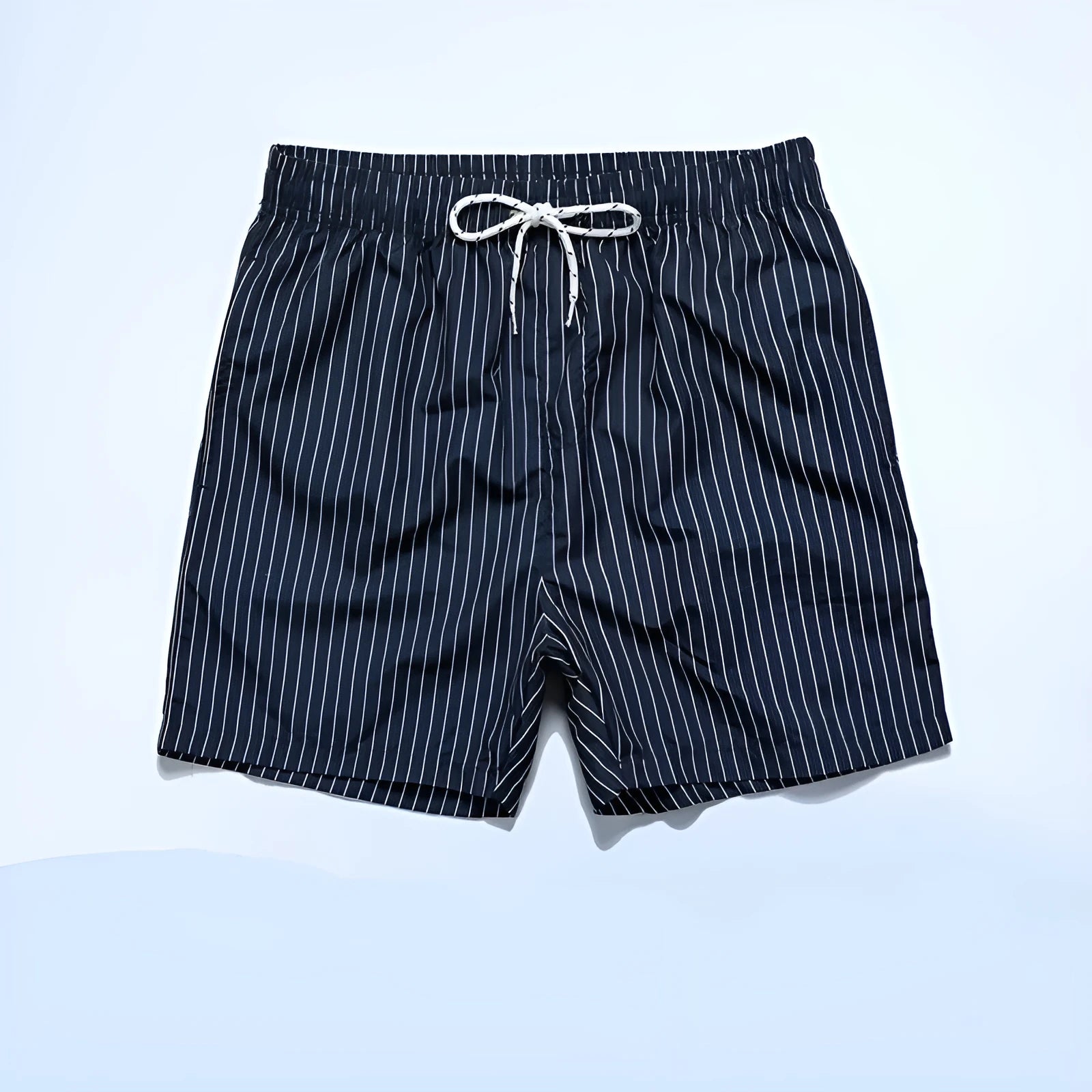 Polyester fibre striped beach shorts with straight leg opening in navy blue colour