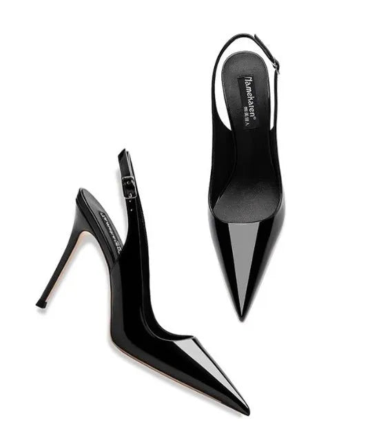 Women's nude PU leather ankle-strap high heels with hollow design and button fastening