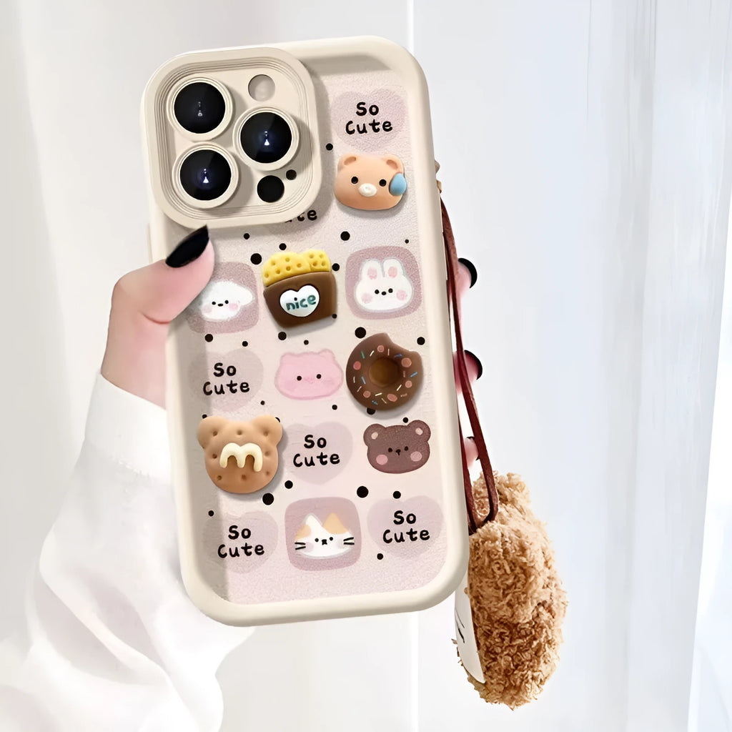 Autumn winter plush doll phone case for Apple iPhone with creative square animal design in white