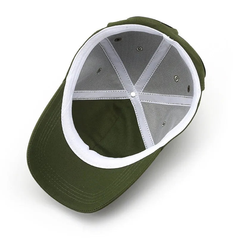 Cotton peaked cap with personalised letter design in black, creamy white, yellow, Army Green for outdoor sunshade
