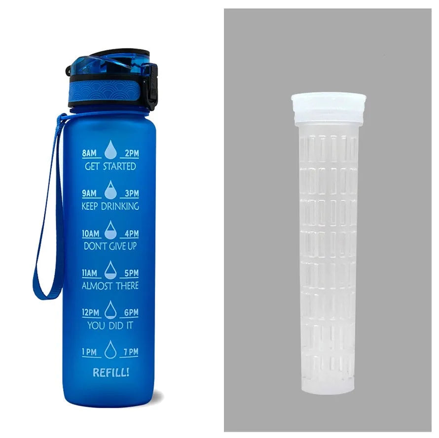 Blue and red gradient 1-litre Tritan sports water bottle with time markers, flip-top lid, and wrist strap.
