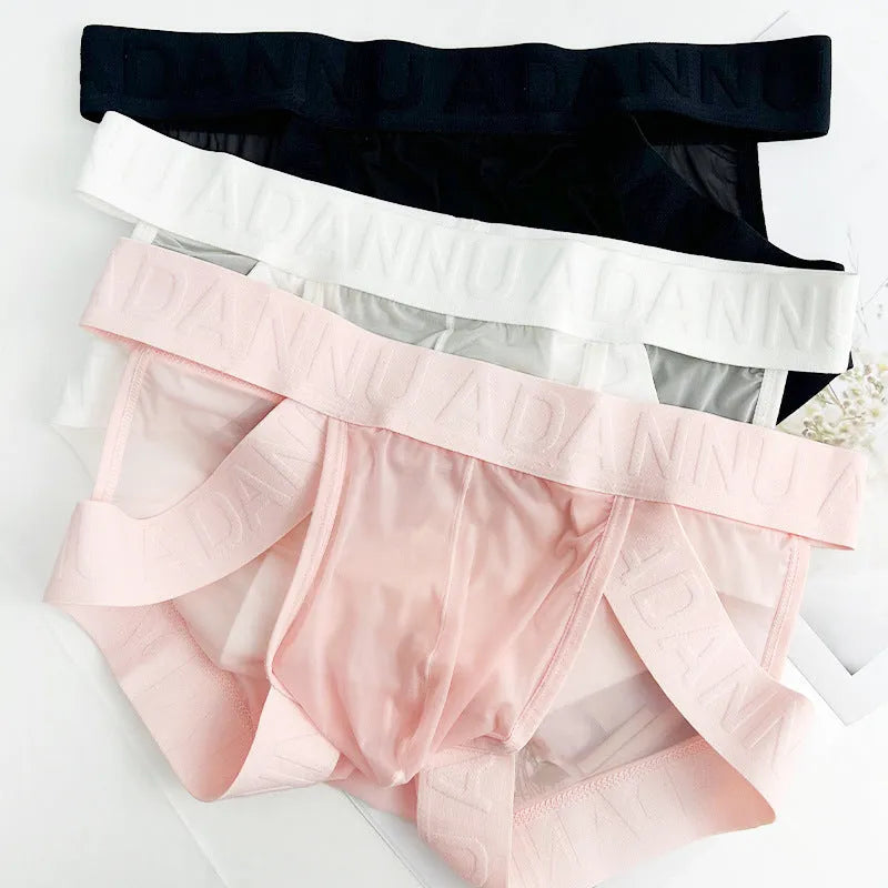 Single layer see-through nylon mesh men's low waist briefs in solid colour, quick-drying design