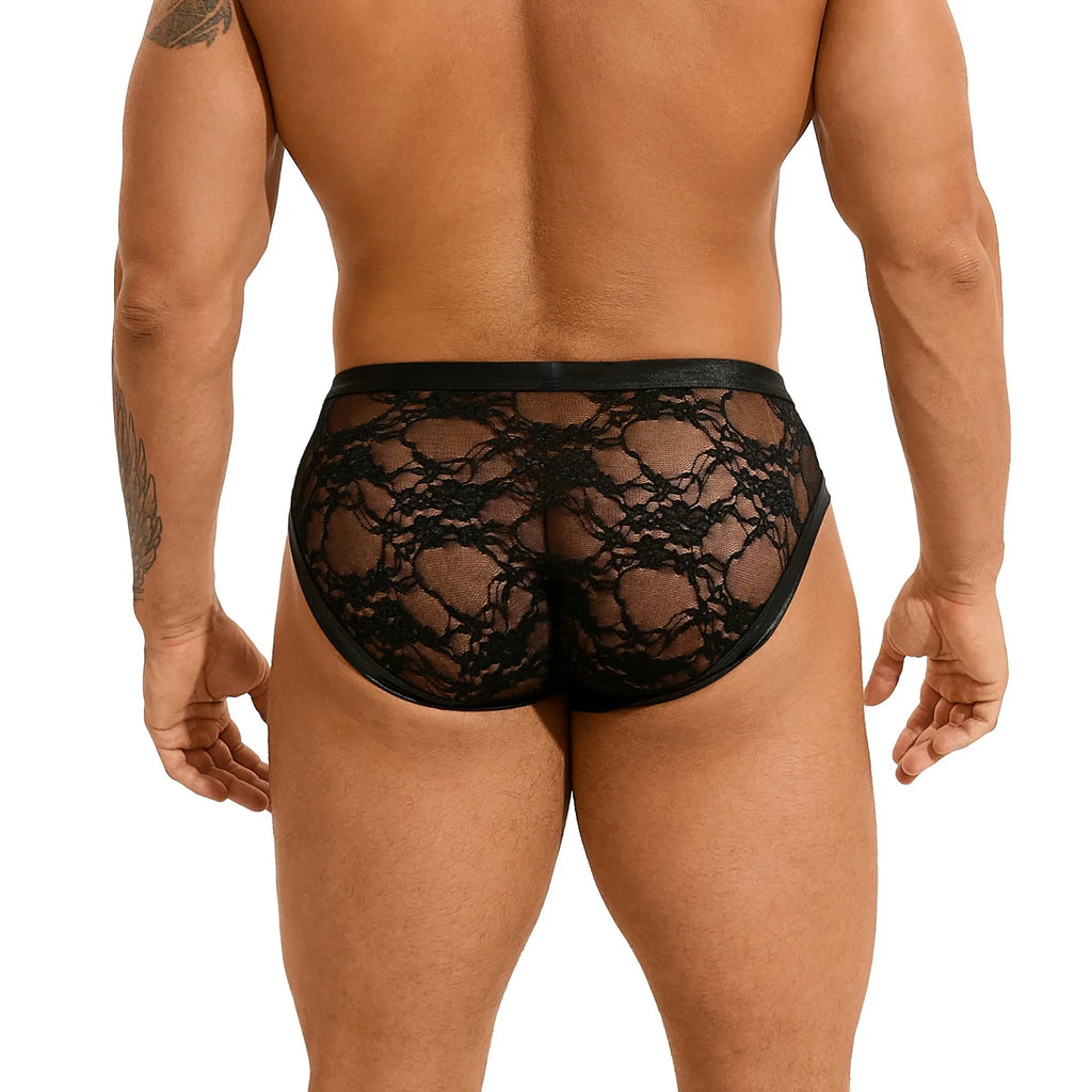 Black men's faux leather briefs with decorative stitching and lace trim detail