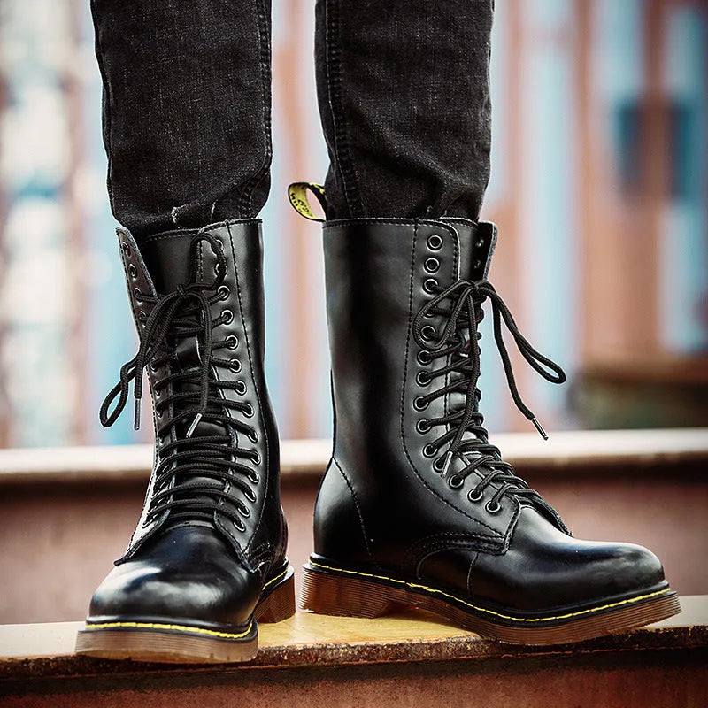 Men's black leather cotton lace-up shoes with high cylinder socks and round toe