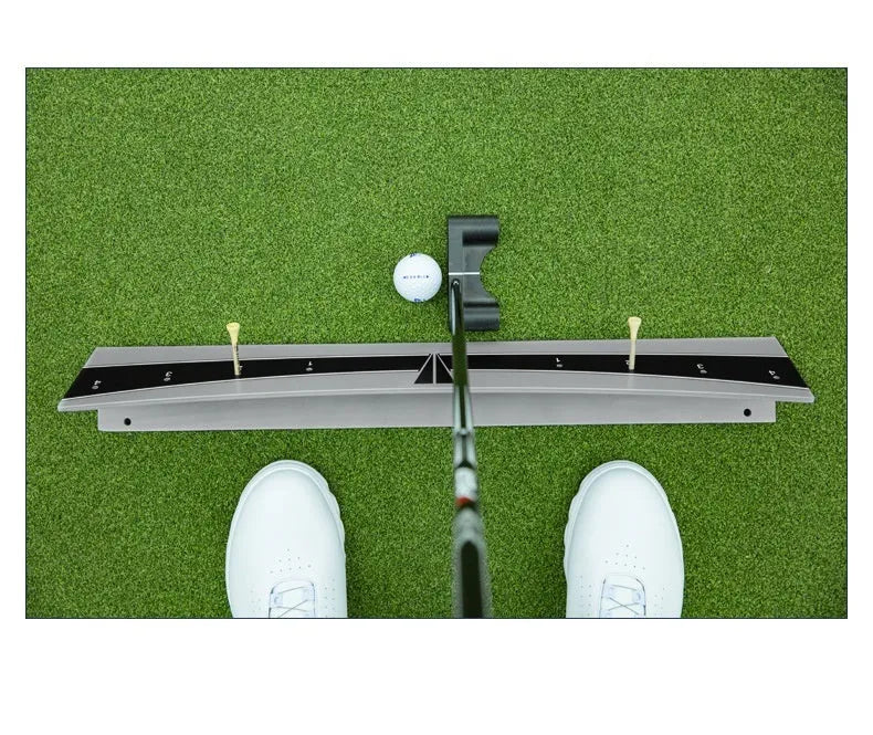 Golf putter trajectory balance simulator with adjustable push rod on a putting mat