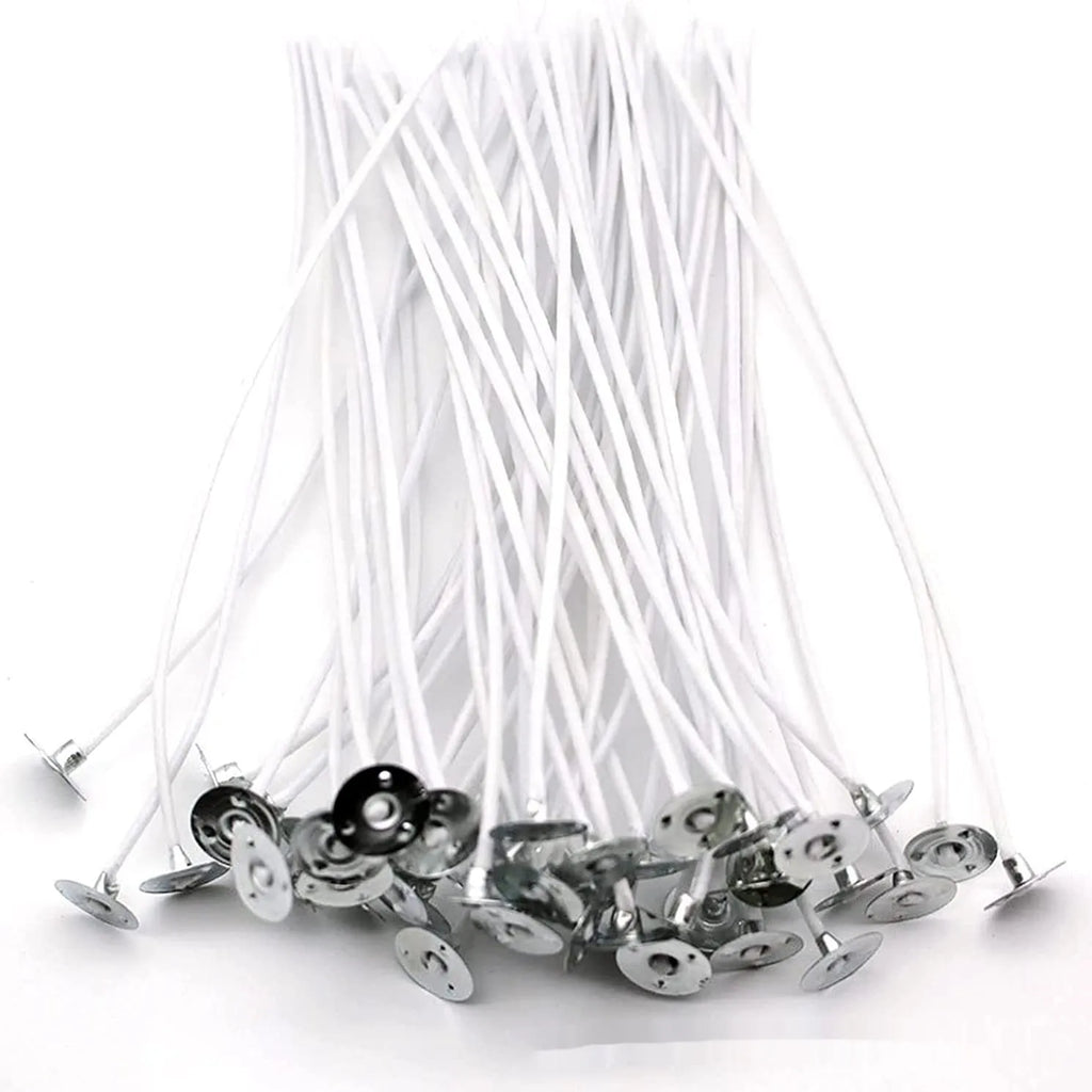 White cotton candle wicks in three lengths: 2.6cm, 6cm, and 8cm for DIY candle making