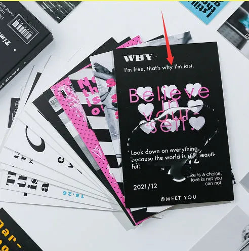 Set of two flat printed postcards with the text 'Time Not Arrived' and 'Warm Wind Not Exhausted' on a fresh background.