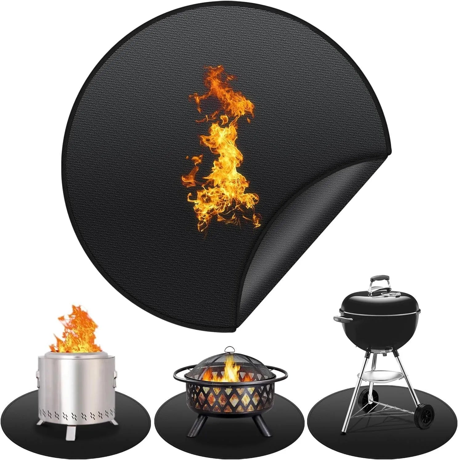 Black round fireproof barbecue mat on grass, available in 11 24 36 48 inch sizes