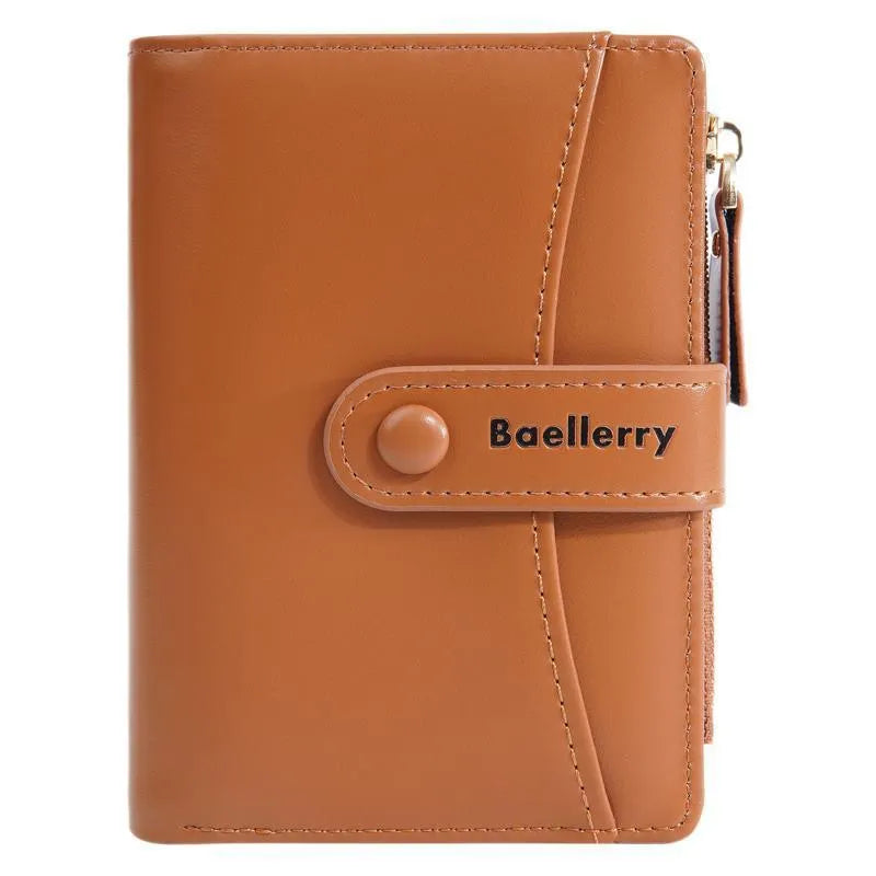 Women's short PU wallet in apricot colour showing front view