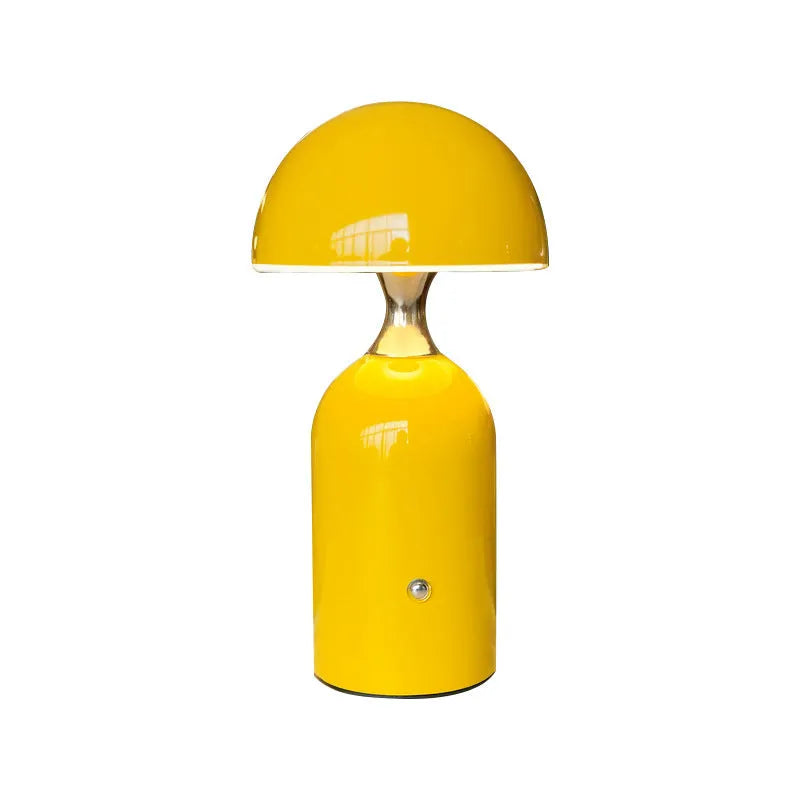 Mushroom charging lamp with geometric stereo shape, built-in battery, shown in red, blue, and yellow colour options