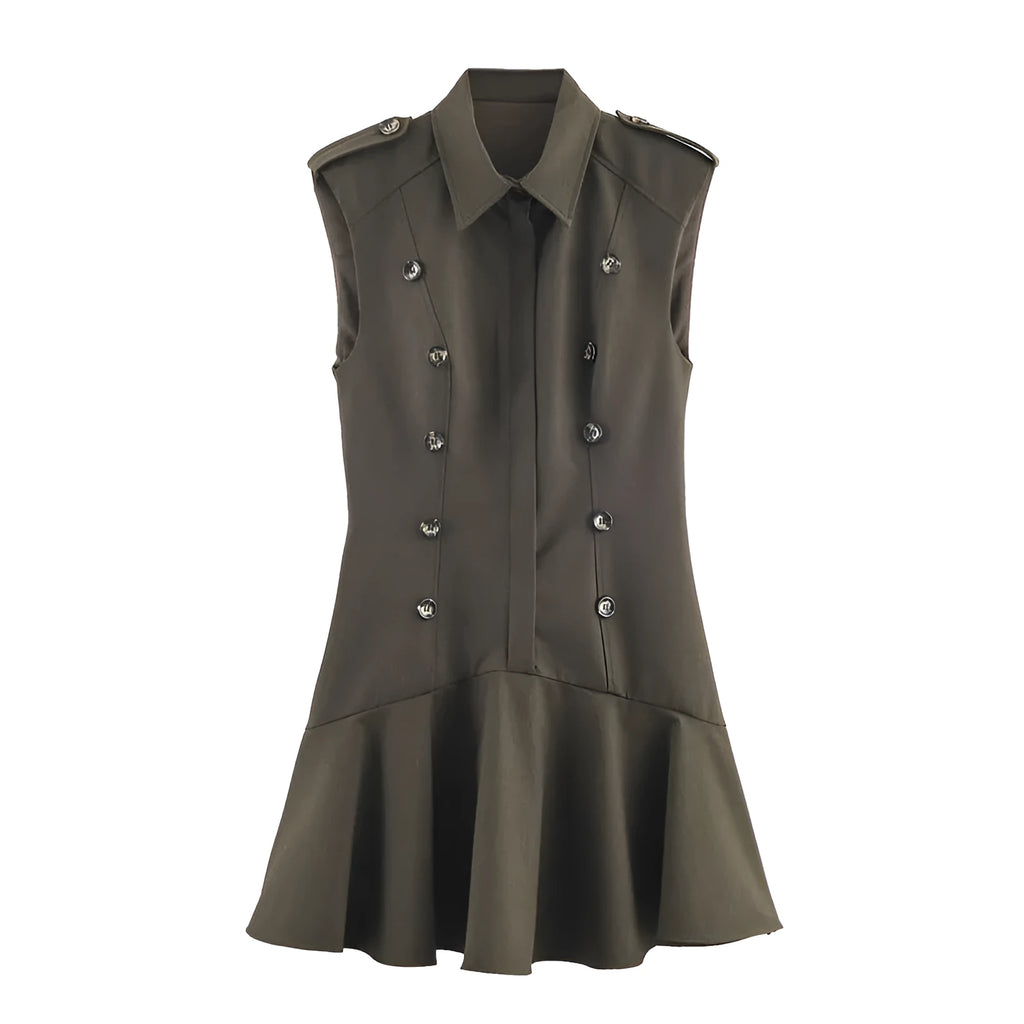 Women's short dress with padded shoulders, laminated decoration, asymmetric striped and plaid skirt, long sleeves, for commuting