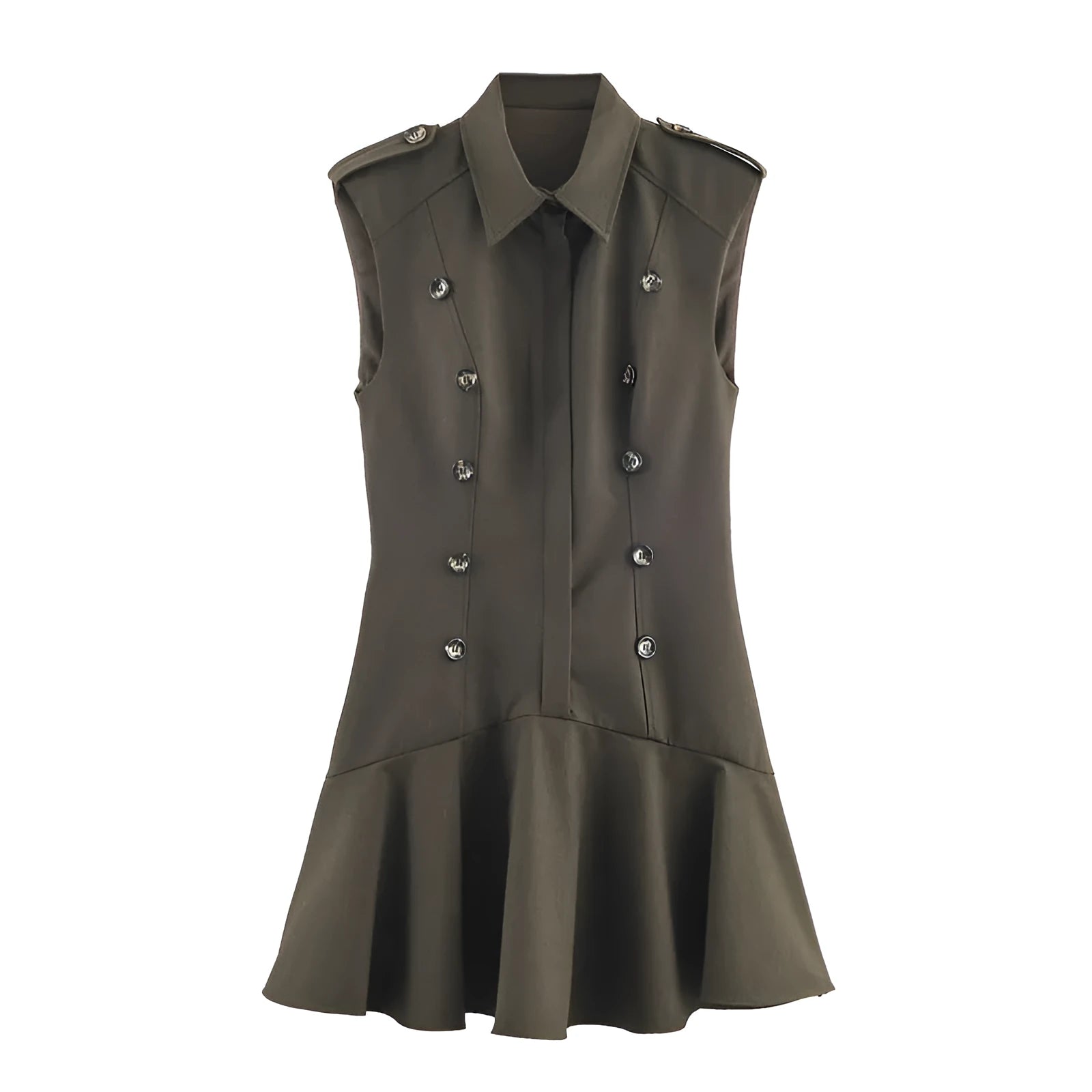 Women's short dress with padded shoulders, laminated decoration, asymmetric striped and plaid skirt, long sleeves, for commuting