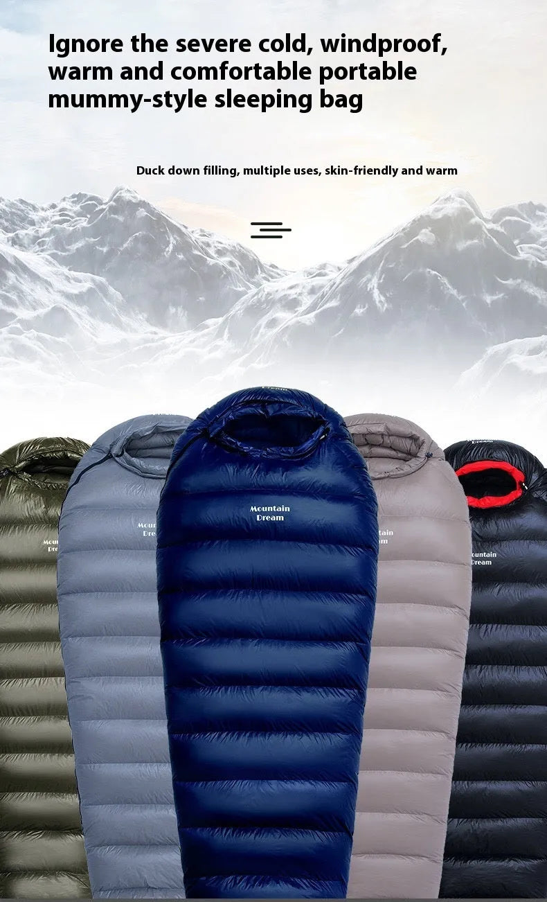 Ultralight mummy sleeping bag in army green colour with white duck down filler and water-repellent nylon fabric.