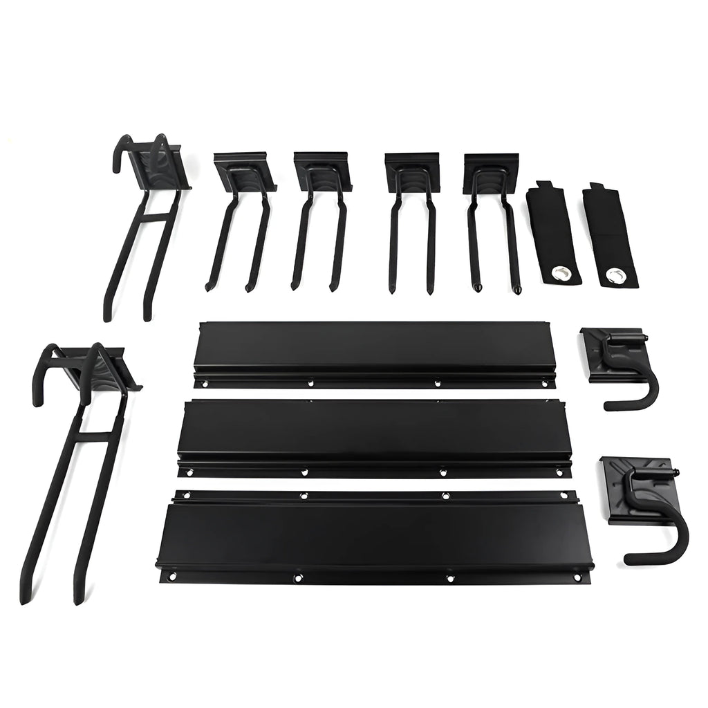 Heavy-duty carbon steel garage wall hook system with removable base plate and multiple hook options for tool storage