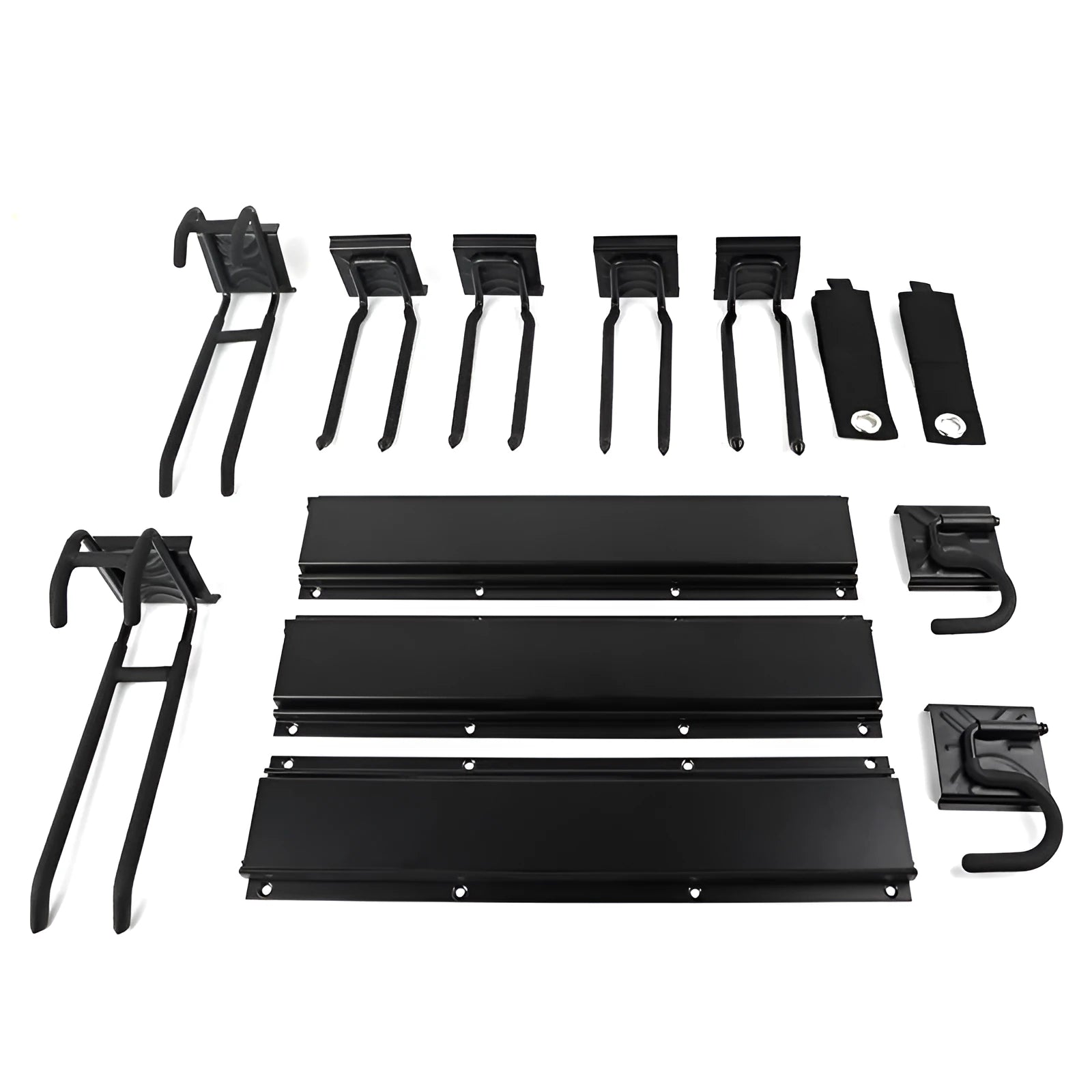 Heavy-duty carbon steel garage wall hook system with removable base plate and multiple hook options for tool storage