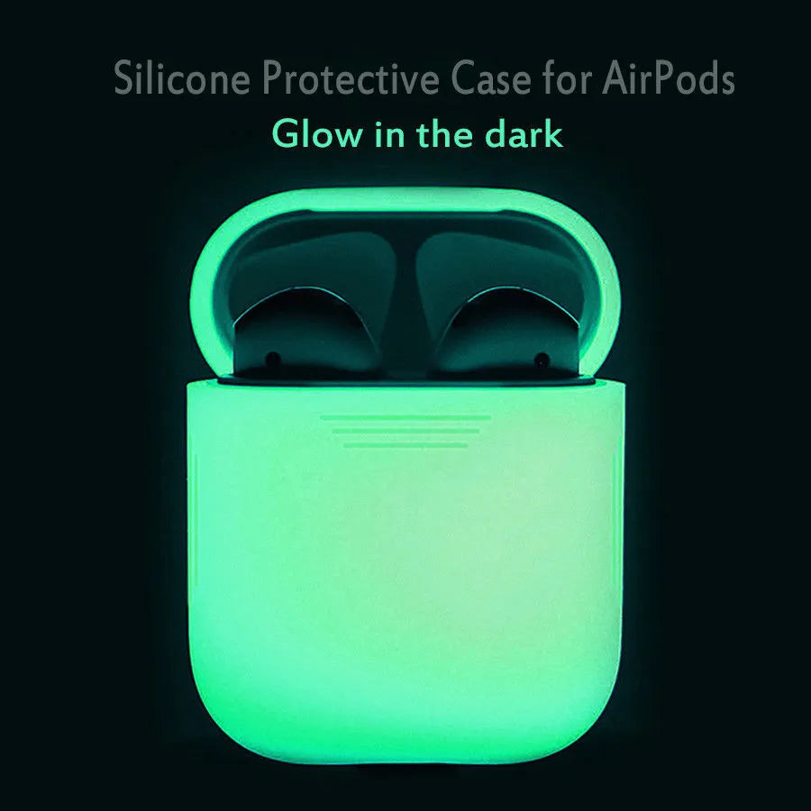 Luminous silicone protective case for Apple AirPods showing flip-top open and closed