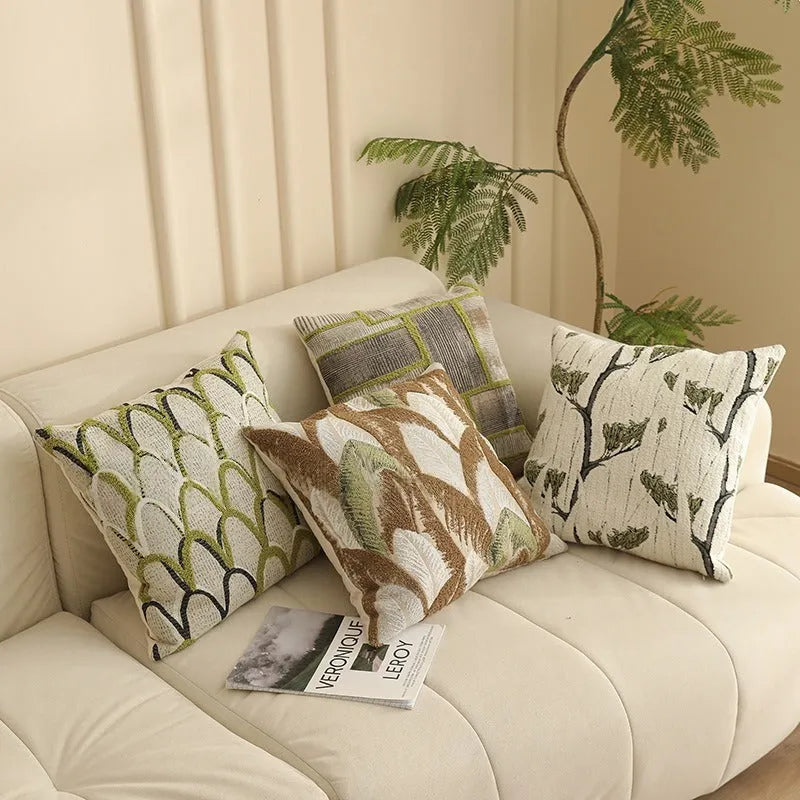 Close-up of a textured jacquard floral pillow cover in a 45cm square size, showcasing yarn-dyed pattern details.