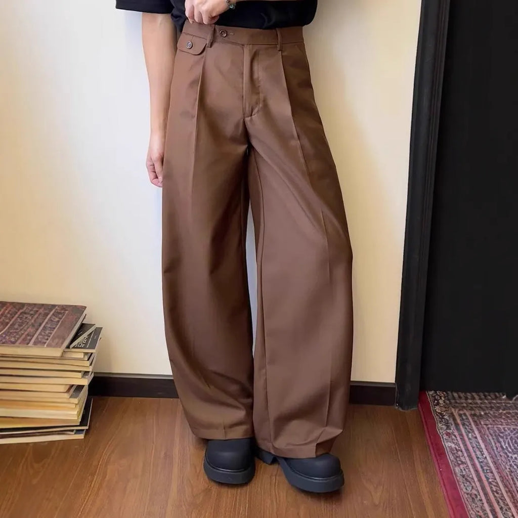 Men's straight-leg loose-fit casual suit trousers in brown and black colour options.