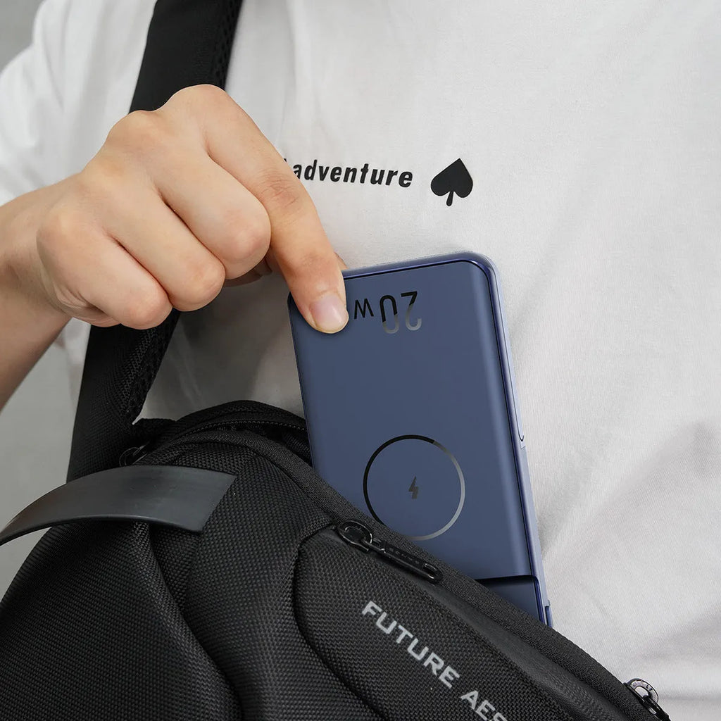 Black magnetic wireless power bank with 10000mAh capacity and three-in-one bracket