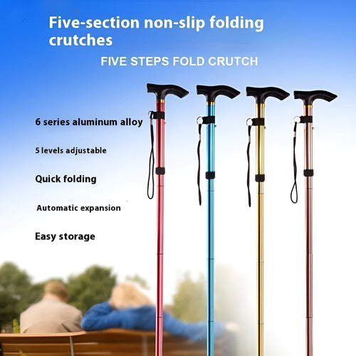 Aluminium alloy folding walking cane extended, showing adjustable sections and non-slip rubber foot.