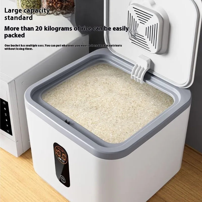 Grey plastic airtight rice storage jar with snap-lock lid and a measuring cup, shown in 10kg, 20kg, and 30kg size options.