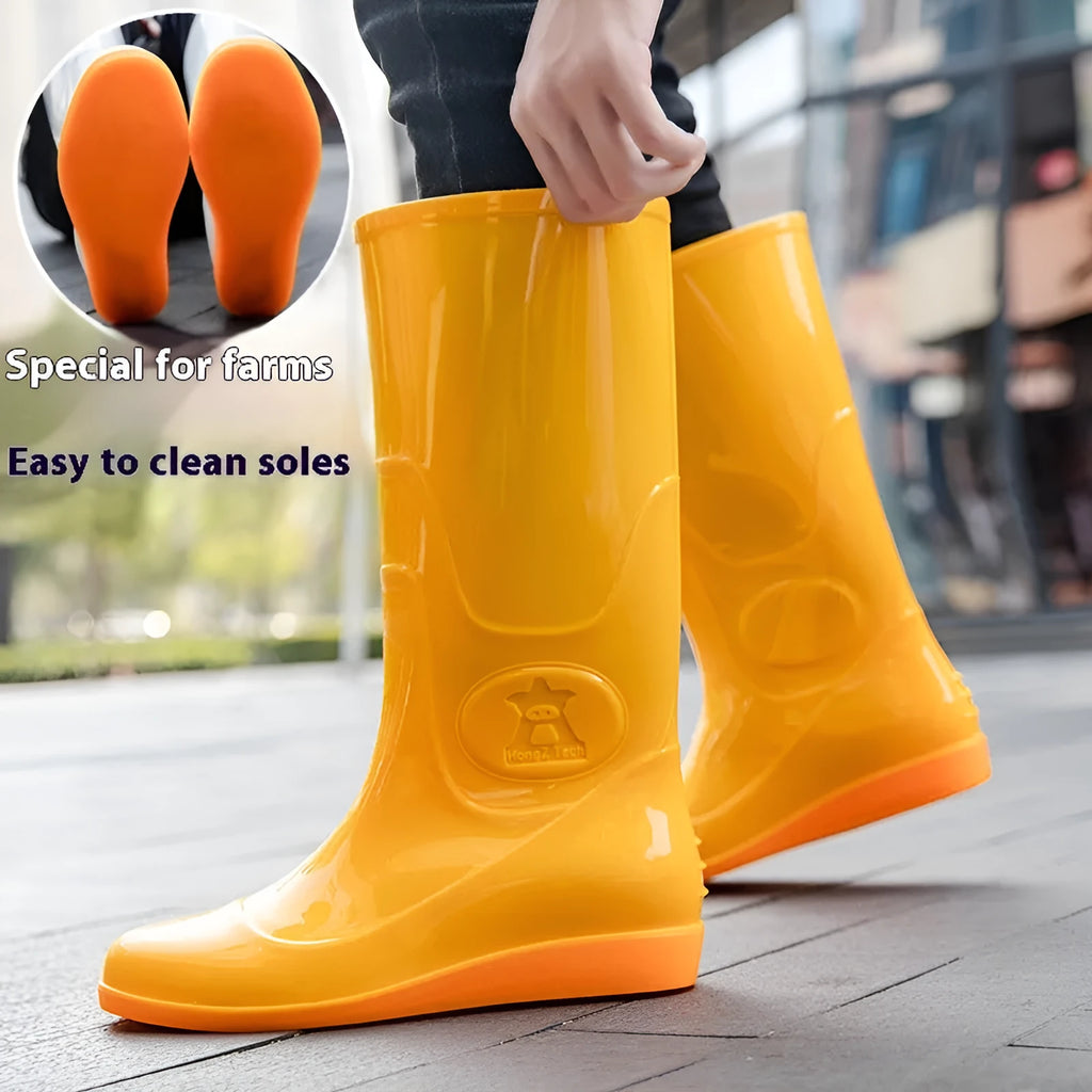 Flat washable plastic rain boots in white or yellow colours with high tube design