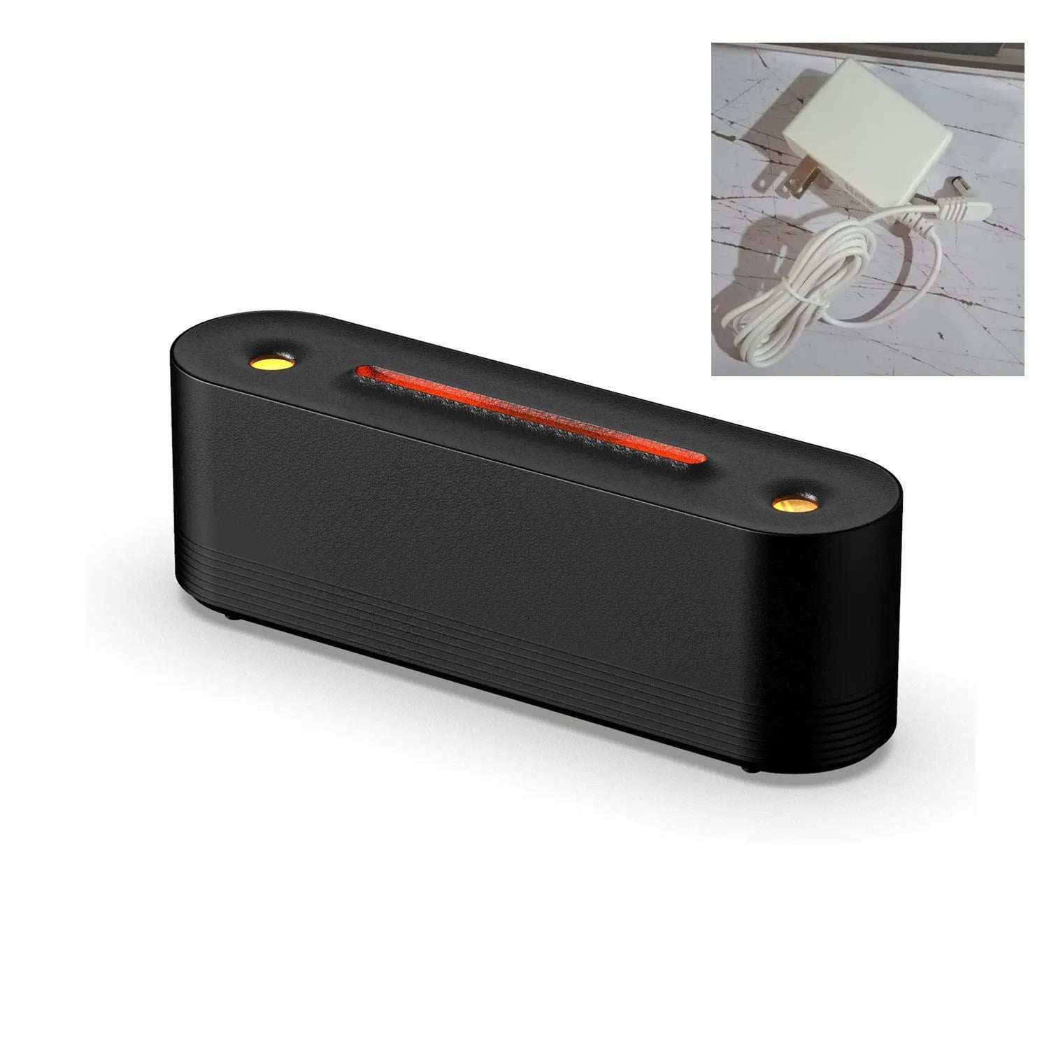 Black ultrasonic humidifier diffuser with LED flame projection showing colour-changing effect