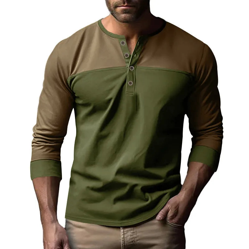 Men's retro colour block long sleeve polyester base shirt in black and brown, loose fit pullover