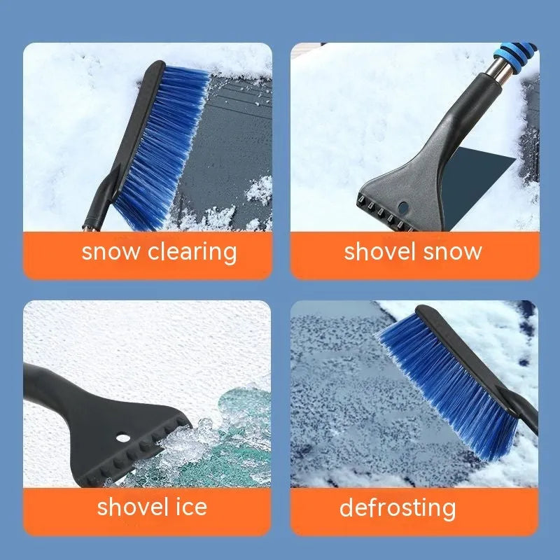 Blue telescopic car snow brush with extended handle for winter vehicle clearing