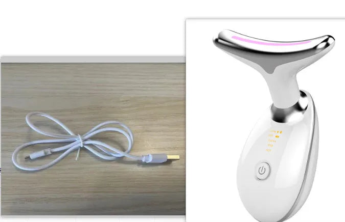 Black silver EMS thermal neck massager with LED lights for facial firming and wrinkle reduction