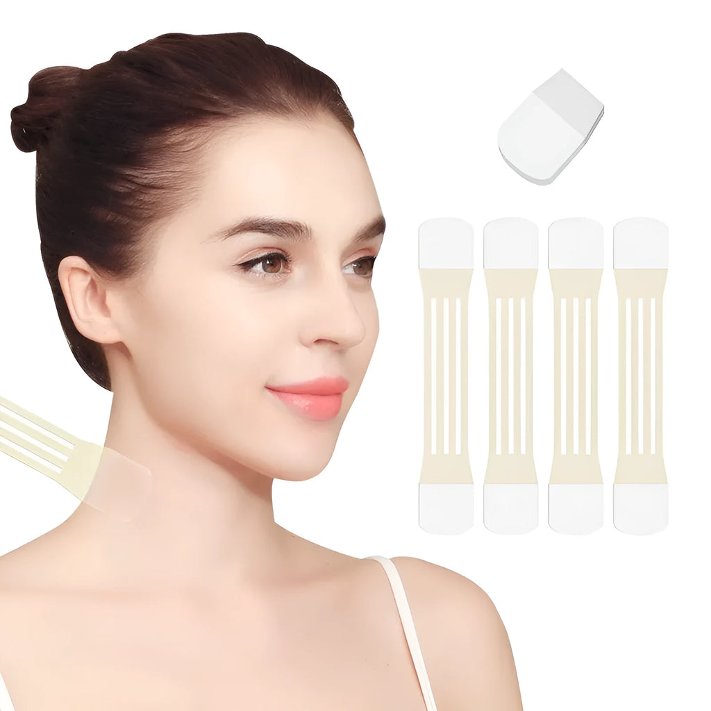 Skin tone neck contouring adhesive tape with V27 and V29 pattern options including strips and patches