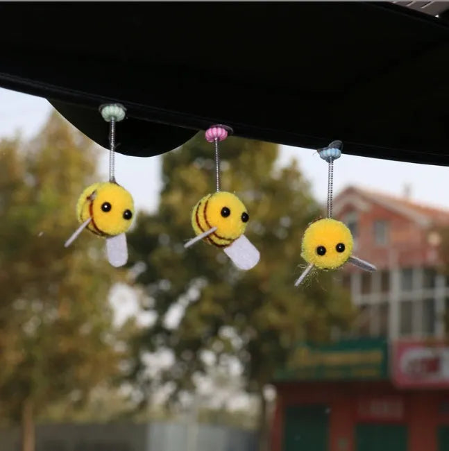 Cartoon-style little bee car decoration with fur ball material measuring 3cm square
