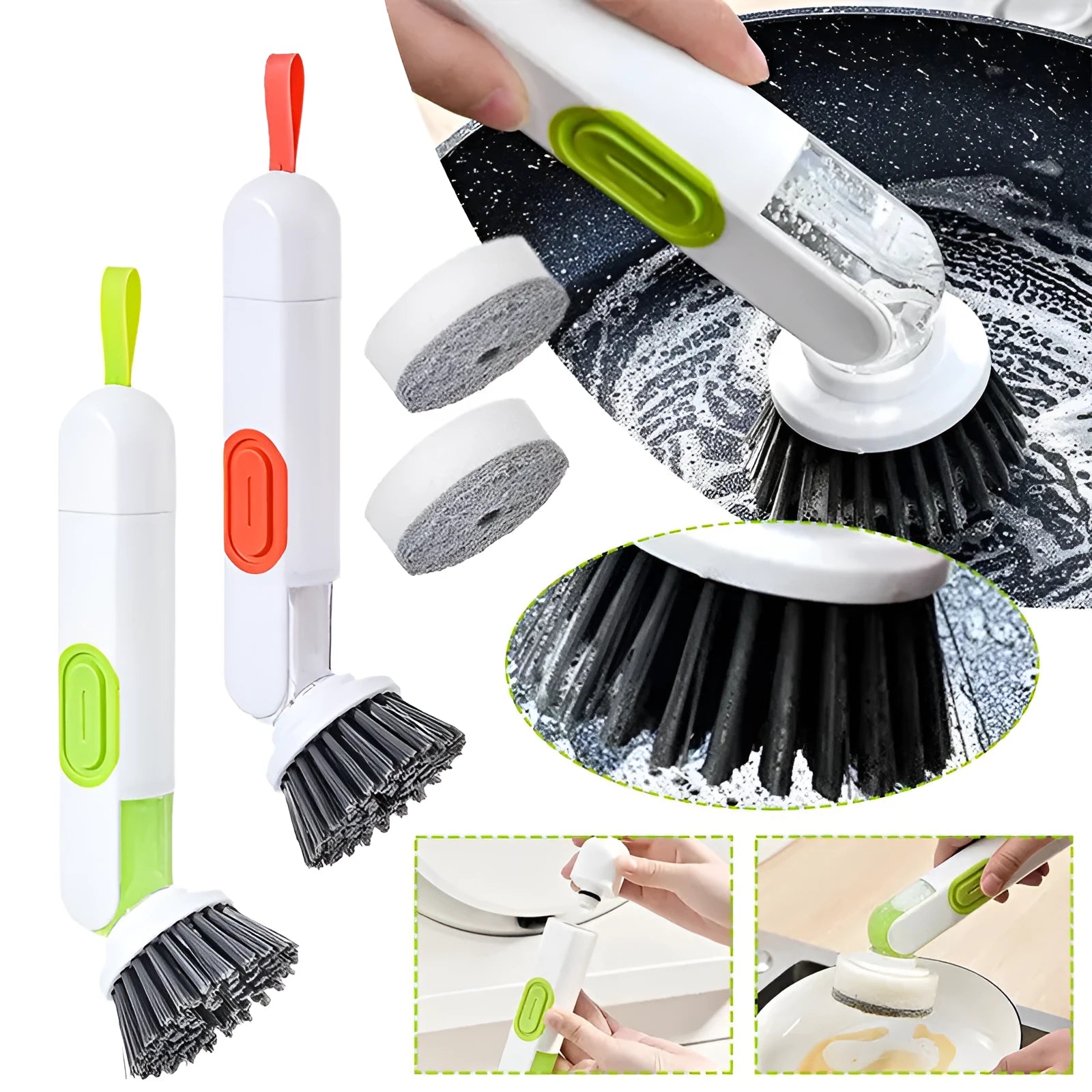 Long-handle kitchen cleaning brush with liquid dispenser and two brush heads in white and green