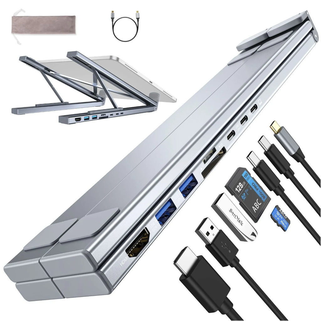 Aluminium foldable 8-in-1 docking station and laptop stand with multiple ports.