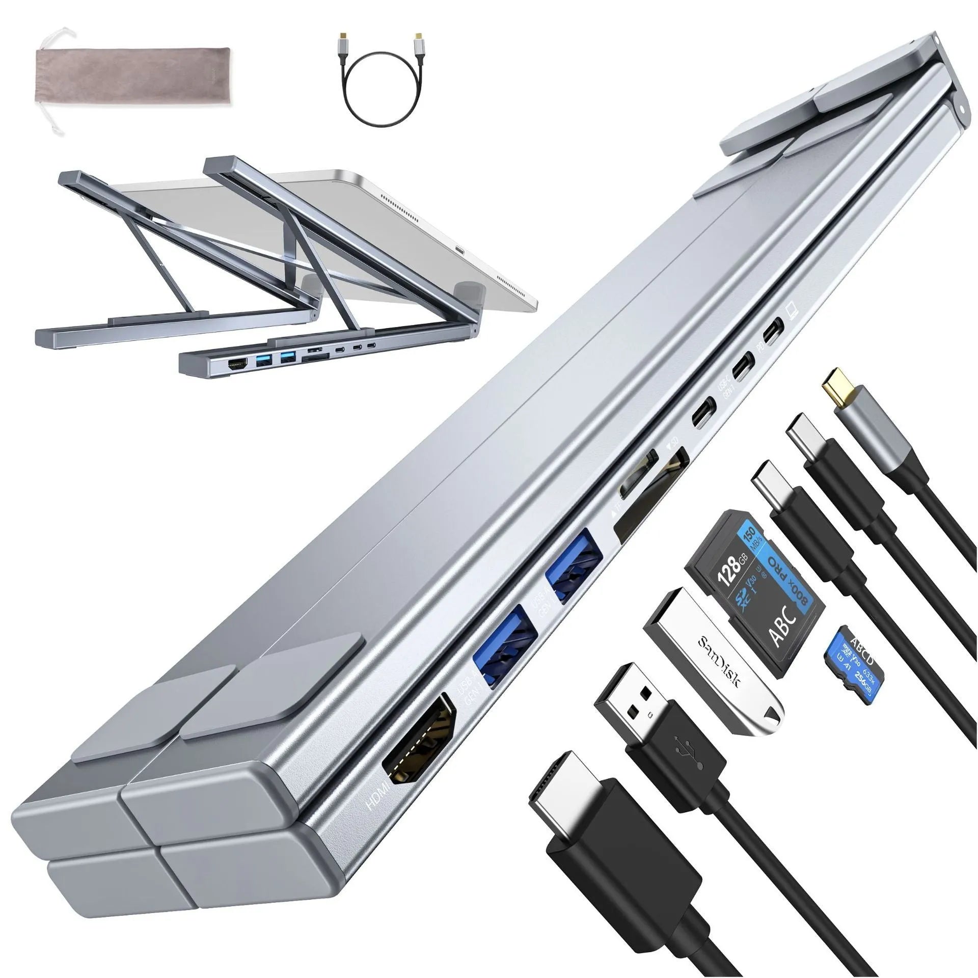 Aluminium foldable 8-in-1 docking station and laptop stand with multiple ports.
