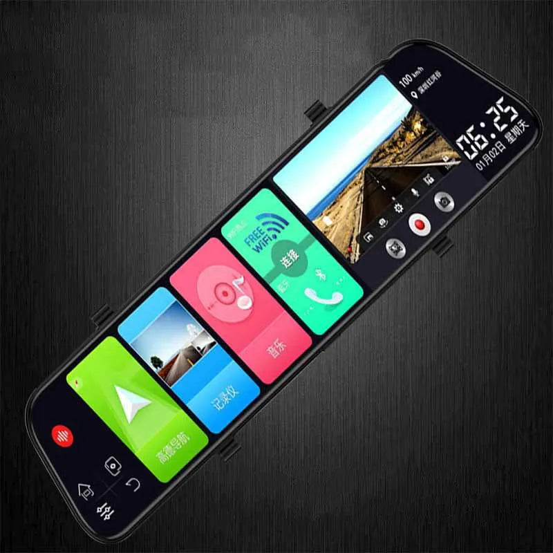 12-inch touchscreen rearview mirror tachograph with dual camera lenses for car recording and GPS navigation