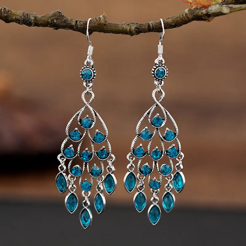 Retro long fringe drop earrings with crystals in smart water drop purple colour