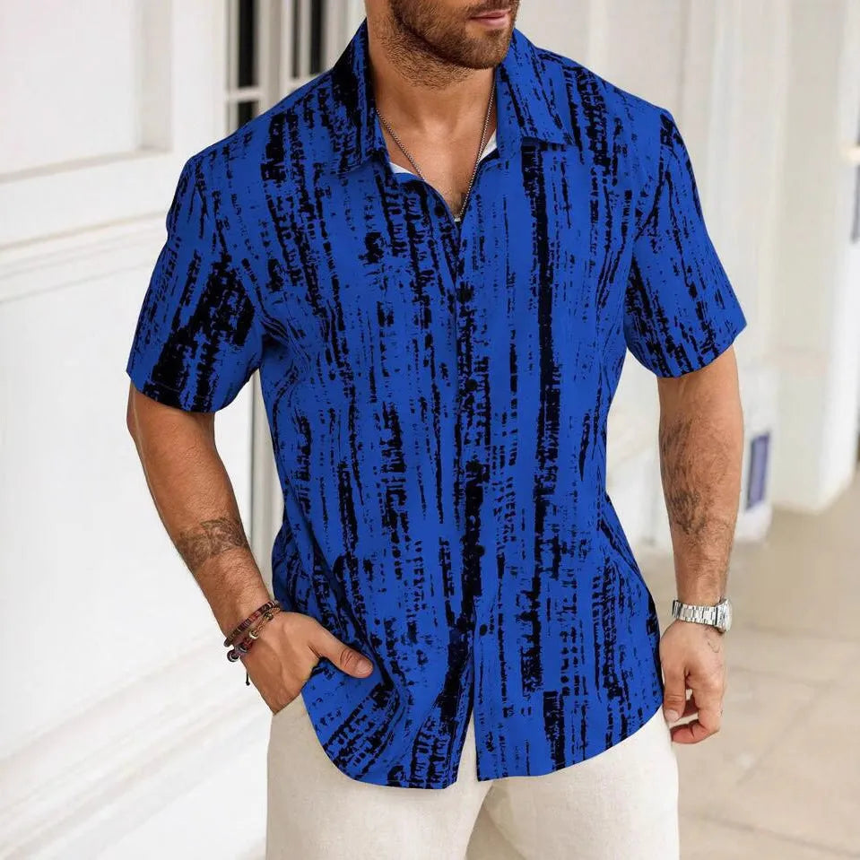 Men's light blue striped short sleeve casual shirt made from anti-wrinkle polyester fabric.