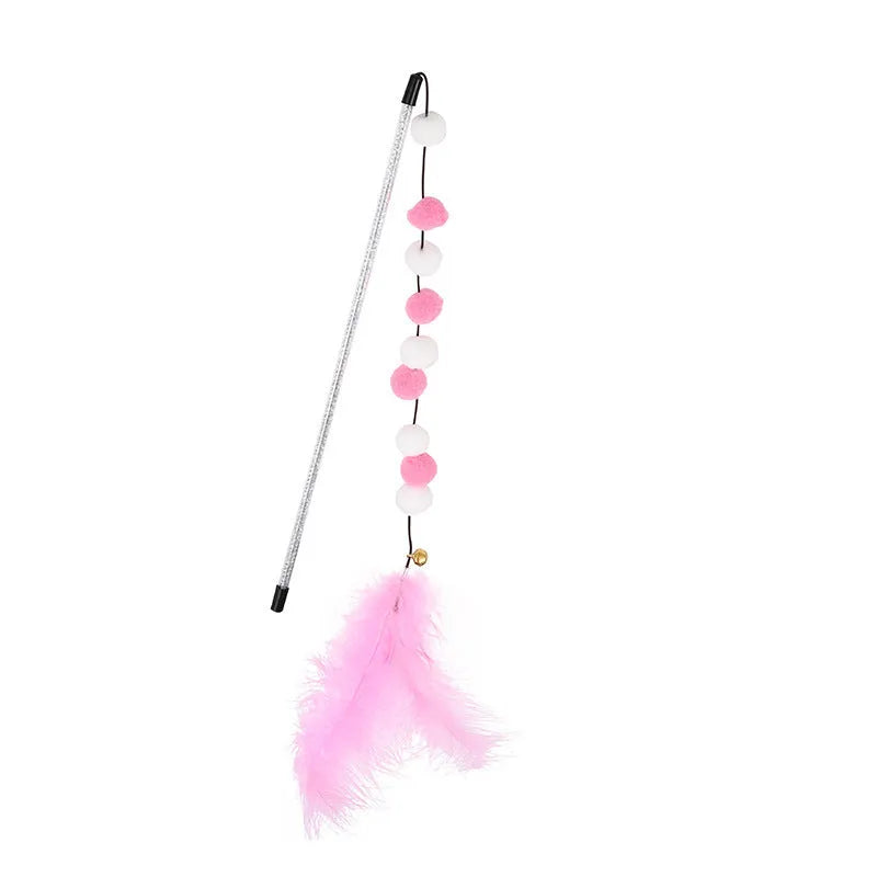 31cm cat teaser rod toy with bell and coloured feather attachments