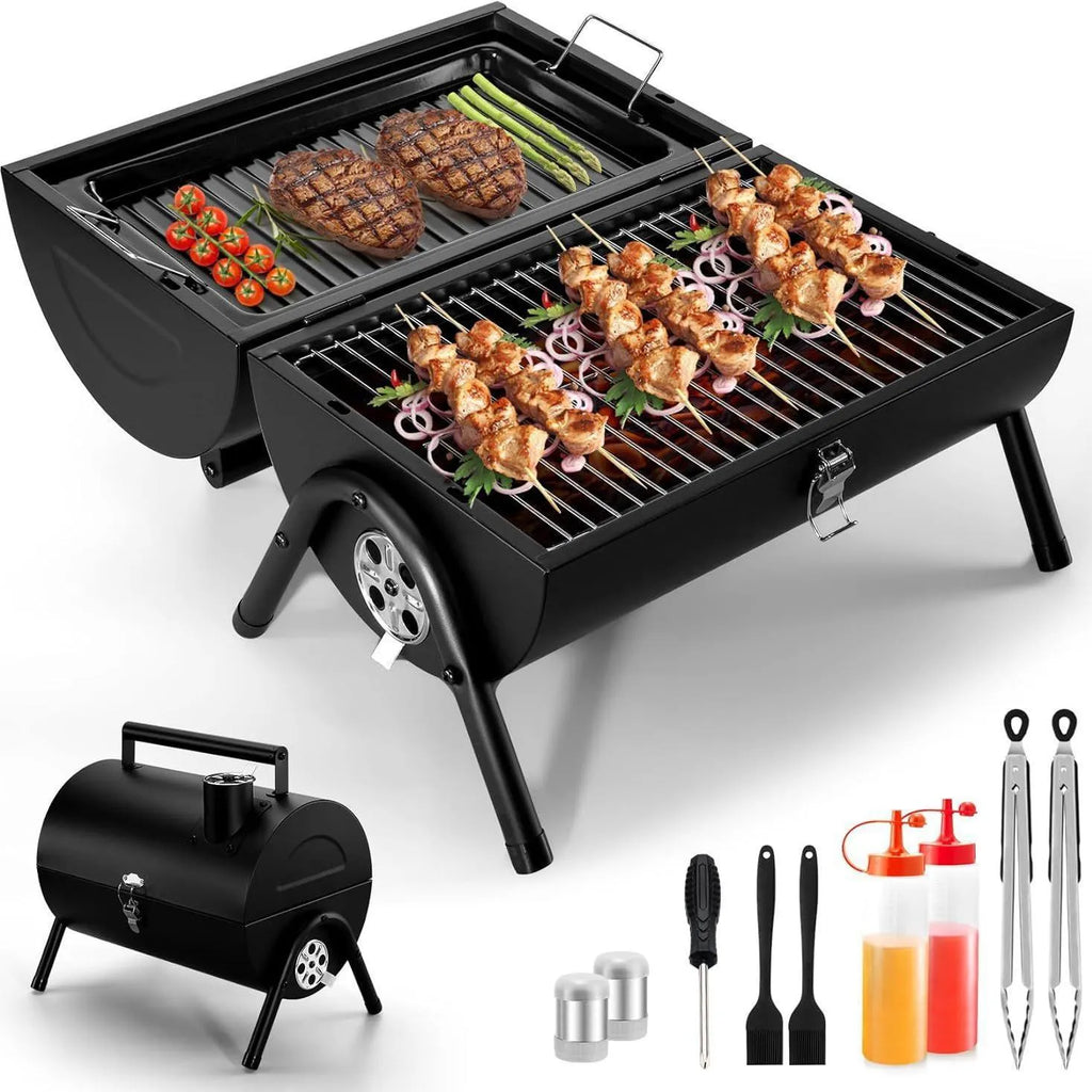 Small metal folding desktop barbecue charcoal stove with grill.