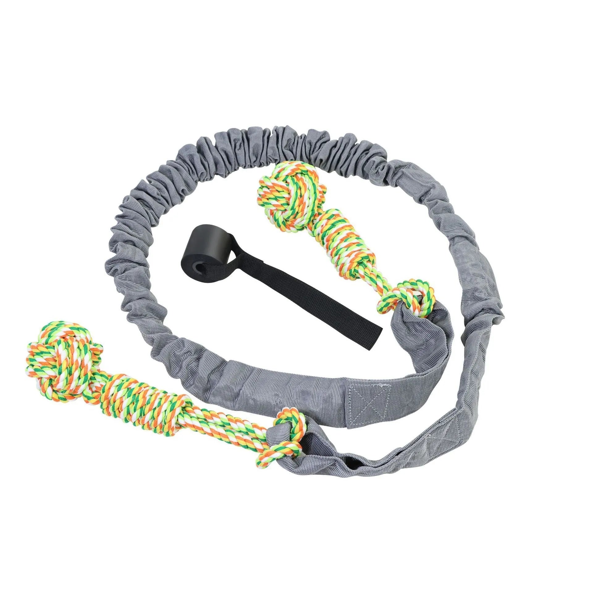 Braided cotton dog tug-of-war rope toy in red, shown with a dog gripping one end.